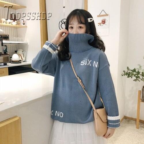 2019 Lazy Style English Alphabet Knitting Women Sweater Turtleneck Warm Winter Female Sweaters