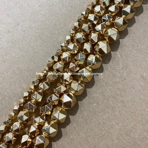 15" Natural Stone Shining Big Cuts Faceted Hematite KC Gold Plated Loose Beads 6 8 10 MM Pick Size
