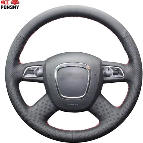 PONSNY Genuine Leather Car Steering Covers Case for Audi Old A4 B7 B8 A6 C6 Q5 Q7 Auto DIY Hand-stitched Wheel Cover
