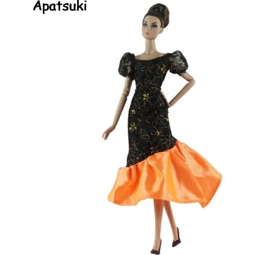 Black Orange Patchwork Party Dress For Barbie Doll Outfits 1/6 Doll Clothes Princess Gown For Barbie Doll 1:6 Doll Accessories