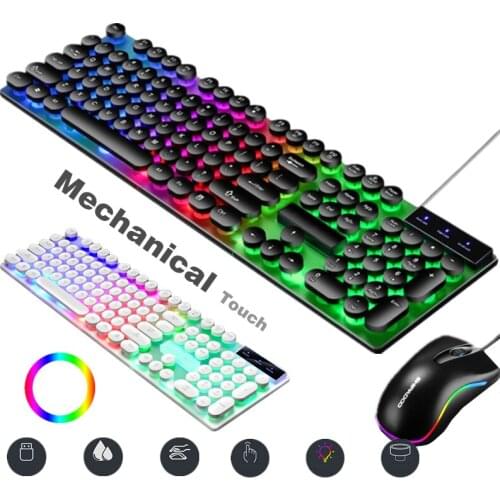 RGB Gaming Keyboard with Mouse Combo USB Wired LED Backlit Ergonomic Luminous Punk Gaming Keyboard Mouse Set for PC Computer
