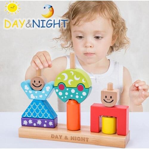 Wooden Toys for Children Sun&Moon Day&Night Pillar Blocks Early Learning Baby Birthday Christmas Gift Educational Toy for Kids