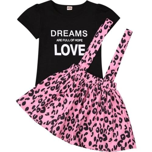 2 Pieces Kids Suit Set, Girls Letter Print Round Neck Short Sleeve T-Shirt+ Leopard Print Suspender Skirt for Summer
