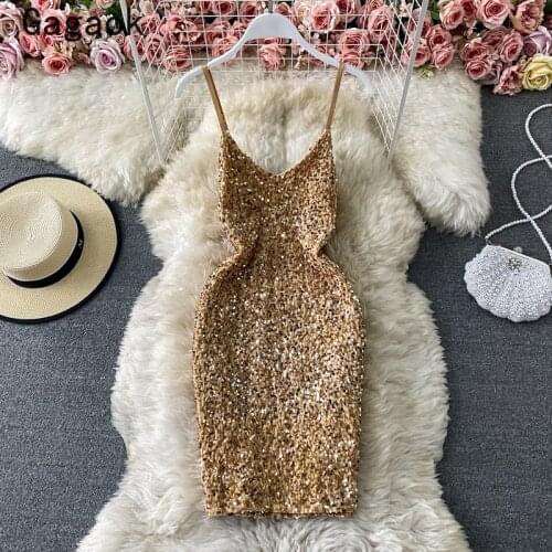 Gagaok Bodycon Dress Women 2021 Summer New Sequins Solid V-Neck Sexy Club Sheath Mini Party Dresses Slim Fashion Wild Vestidos