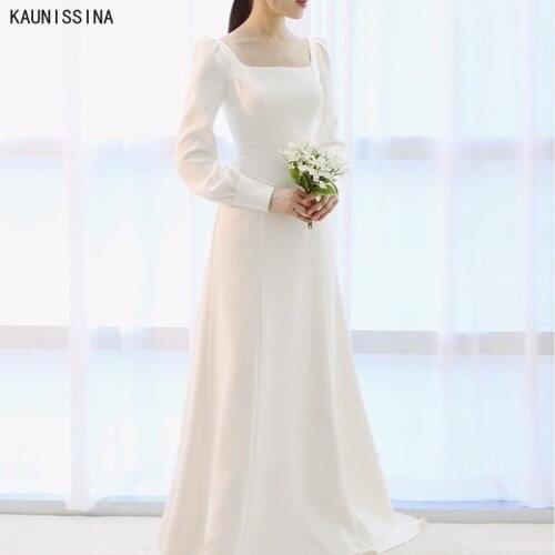 KAUNISSINA A-Line Long Sleeve Wedding Dresses Simple Satin Bridal Gowns Women Square Collar White Vintage Wedding Party Dress