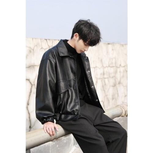 Korean version of trend loose leather mens locomotive suit bomber leather jacket spring and autumn big size jacket tide card