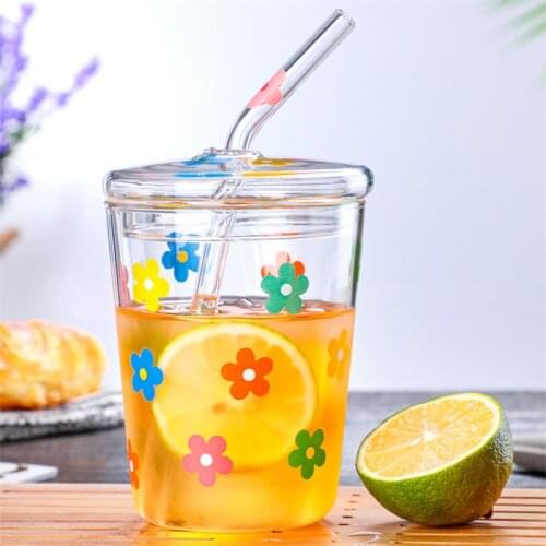 Summer Drinking Cup High Borosilicate Glass Colorful Flower Coffee Mug with Straw and Lid Creative Transparent Glass Water Cup