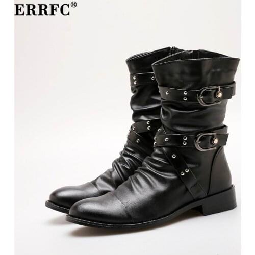 New Arrival Autumn Mens Black Mid Calf Boots Fashion Pointed Toe Trend Denim Botas British High Shoes Motorcycle Zapatos ERRFC