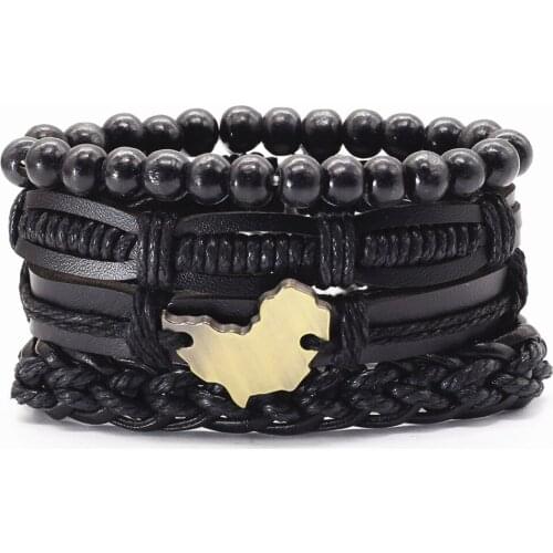 Hand Woven Wood Beads Bronze Map Dog Charm Leopard Print Brown Black Leather Women Bracelets Men Bangle Homme Femme Jewelry