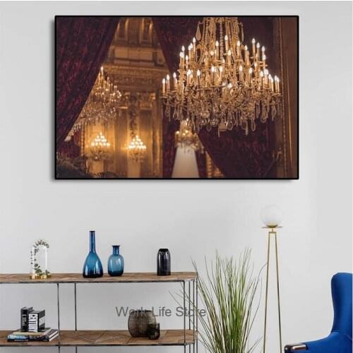 Retro Modern Wall Art Canvas Poster Old Times Candle Light Chandelier Rhinestone Picture Print For Living Room Home Decoration