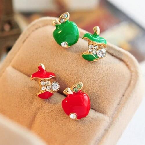 Creative Cute Women Asymmetrical Rhinestone Apple Fruit Shaped Earrings Interesting Sweet Personality Glazed Jewelry