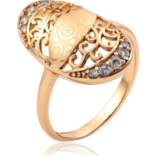 New Big Oval Cut Out Filigree Pattern Pave CZ Cocktail Rings For Women Finger Jewelry Yellow Gold Color Bague Femininity Gift