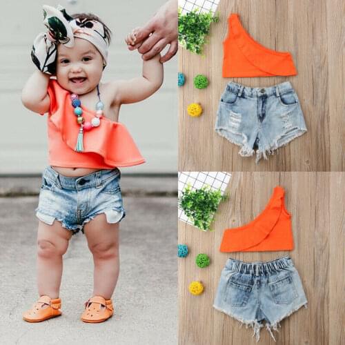 New Brand Kids Baby Girls Fashion Clothes Set Off Shoulder Solid Crop Tops+Denim Hot Shorts 2PCS Outfits 1-6Y