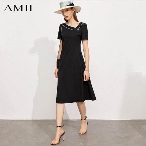 Amii Minimalism Summer Dresses For Women Official Lady Diagonal Collar Black Dress Elegant Womens Knee Length Dress 12140109