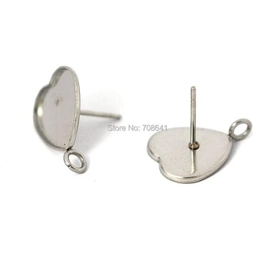 Blank Stainless Steel Stud Earrings Bases Settings 12mm Heart Bezel with Side Loop Cabochon Ear Pins Earrings post DIY Findings