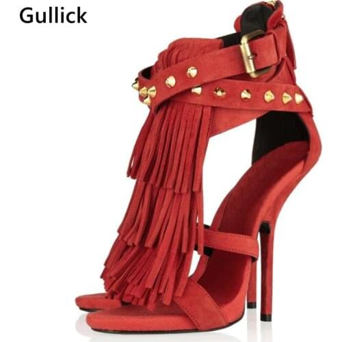 Fringed Golden Rivets Studded High Heel Sandals Red Purple Black Suede Shoes Fashion Peep Toe Real Photo Sandals For Summer