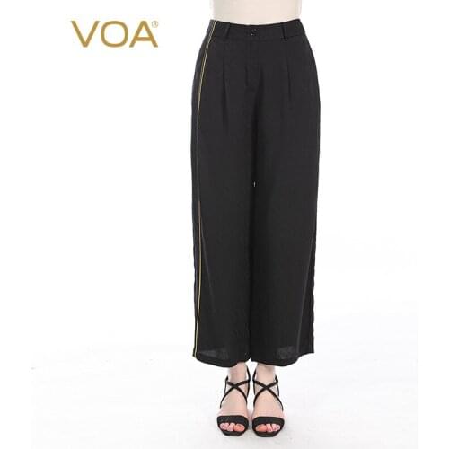 VOA Silk 22m/m Dark Black Jacquard Trousers KE72 One Button Arch Needle Craft Bump OL Loose Breathable Straight Woman Pants