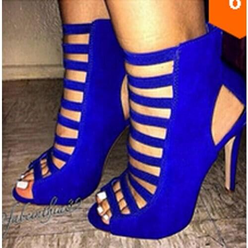 Ladies Open Toe Blue Suede Leather Bandage High Heel Sandal Sexy Straps Design Cut-out Gladiator Sandal Boots Dress Shoes
