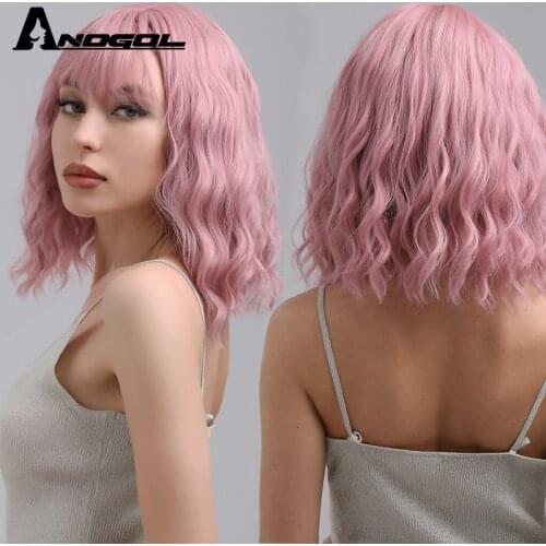 Anogol 14" Pink Short Body Wave Bob High Temperature Fiber Black Grey Synthetic Wig For White Women With Bangs fringe + Cap