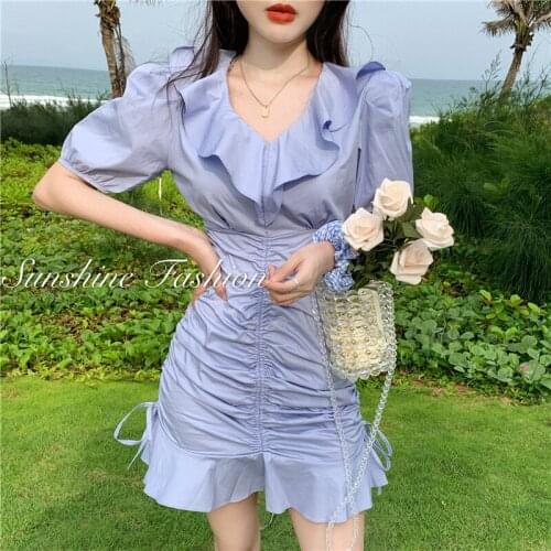 2020 Women Summer Sexy Ruffle V Neck Drawstring Folds Mini Fishtail Dress Slim Waist short Wraped Dresses