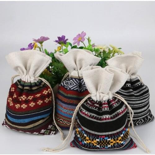 Hot Selling 11x16cm 5Pcs Bohemian Ethnic Wind Cotton Cloth Pocket For Gift Bag Stripes Beads Christmas Jewelry Pouches