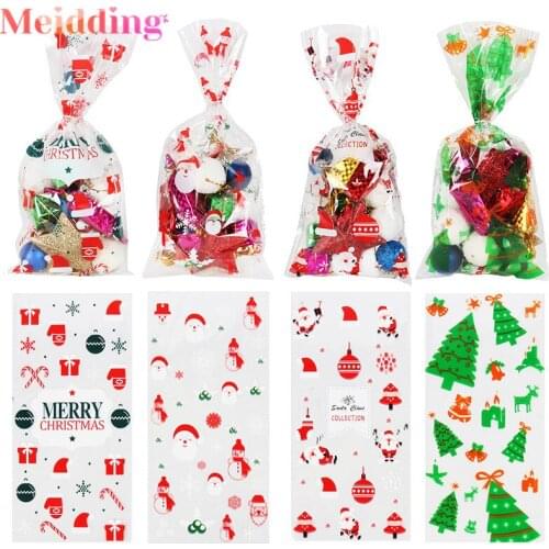 50pcs Christmas Bag Santa Claus Xmas Tree Elk Cellophane Gift Bags Xmas Candy Packaging Bags New Year Presents Navidad Decor