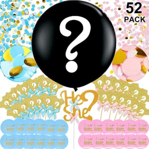 52 pcs Gender reveal Party Decoration kit Cloth style Cake toppers 36" Black Giant Balloon Team Boy Girl Vote Stickers She or He