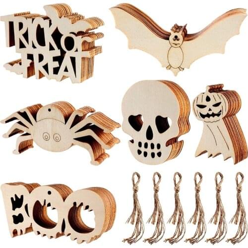 AXYC 60 Pieces Halloween Wooden Slice Bat Spider Skull Ghost Blank Hanging Tags Pendant Ornament with Ropes DIY Party Decoration