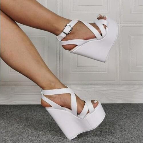 Dipsloot Girls White Cross Bands Buckle Wedge Sandals Casual Super High Heel Platform Party Sandals Shoes 100% Real Photos