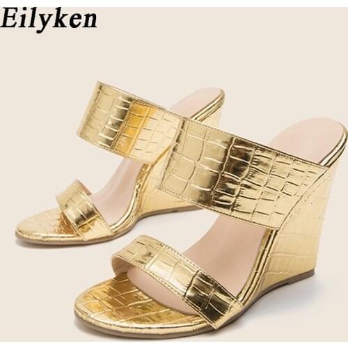 Eilyken Fashion Golden Patent Pu Leather Women Slippers Summer New Sexy Open Toe Wedge Sandals Ladies High Heels Party Shoes