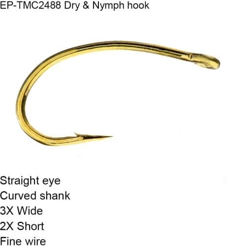 Eupheng 100pcs EP-TMC2488 Dry Nymph Fishing Hook Straight Eye Curved Shank Hook Fine Wire Fly Fishing Hook