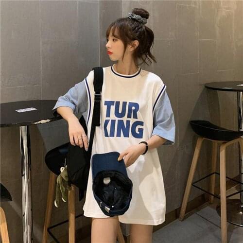 Summer Korean Style 2020 New Fake Two-Piece Loose Mid-Length Letter Printing Sports Short Sleeve T-shirt Top Womens Ins