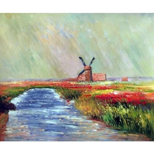 Handpainted Claude Monet Art Tulip Field in Holland Painting on Canvas Landscape Wall Art Home Decoration for Living Room