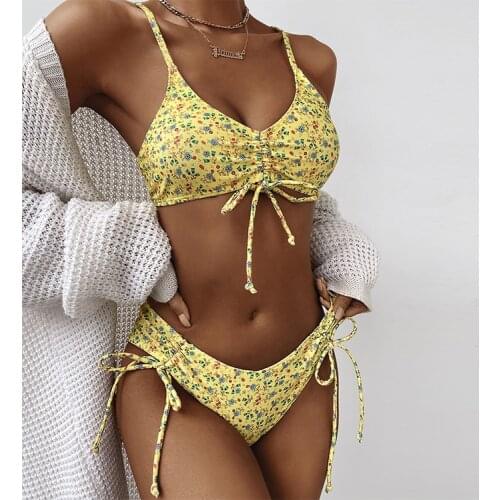 Yellow Floral Printed Bikini Sets Straps Ruched Drawstring Bra Tie Up Thong Swimsuits Brazilian Bathing Suit Swimwear Women 2021
