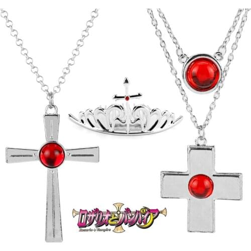 Rosario to Vampire Cross Necklace Headband Set Doule Layer Chain Red Crystal Pendants Necklaces Women Girl Anime Cosplay Jewelry
