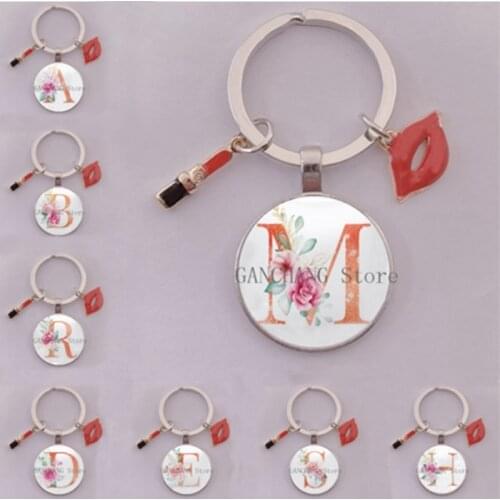 Fashion Creative Red lips keychain Personality Letters A-Z Lipstick Bag Car Keychain Female Schoolbag Pendant Metal KeyRing Gift