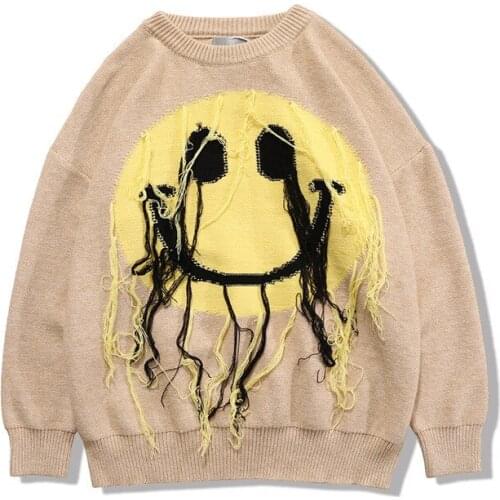 ERENEJIAN Mens Hi Street Printed Oversize Hip Hop Sweater With Tassel Loose Fit Smile Painted Knitted Pullover Tops O Neck