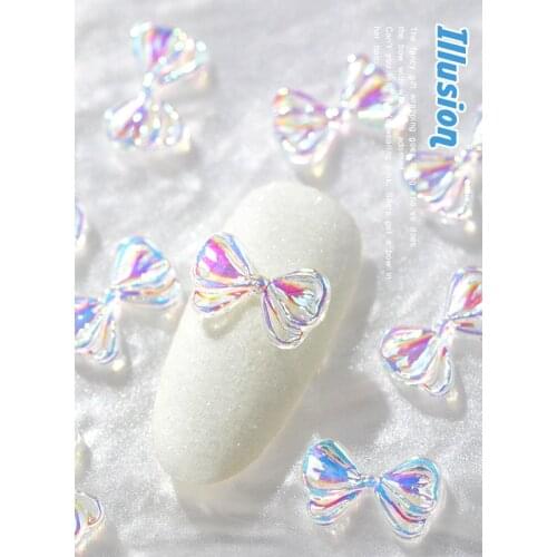 10pcs Newest Holographic Aurora Bow Ties Nail Art Decorations 3D Crystal AB Colorful Bow Ornaments Japanese DIY Manicure Accesso