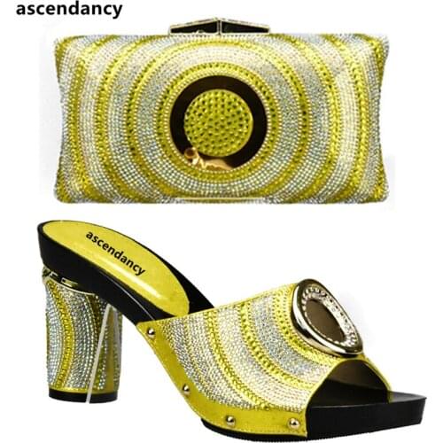 Latest Yellow Italian Shoes and Bags To Match Shoes with Bag Set Decorated with Rhinestone Shoes and Bag Set African Sets 2017