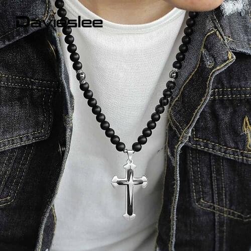 8mm Matte Glass Bead Necklaces Long Necklace Black Silver Color Charm Cross Pendant Necklace for Men Link Chain 26inch LDN122