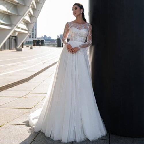 Retro Simple Wedding Dress Scoop Long Flare Sleeve Bridal Dresses Sequins A Line Sweep Train Robe De Soirée De Mariage