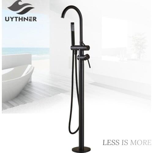Contemporary Black Bronze Bathroom Shower Bath Tub Mixer Tap Bathroom Faucet Floor Mounted Tub Tap Single Handle W/Hand Shower