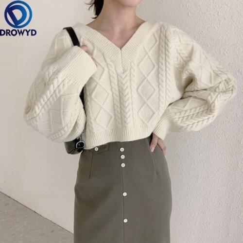 Short Sweater V-neck Solid Kawaii Soft Woolen Winter Girls Mohair Autumn Pullover Lantern Sleeves Loose Cashmere Velvet Knitted
