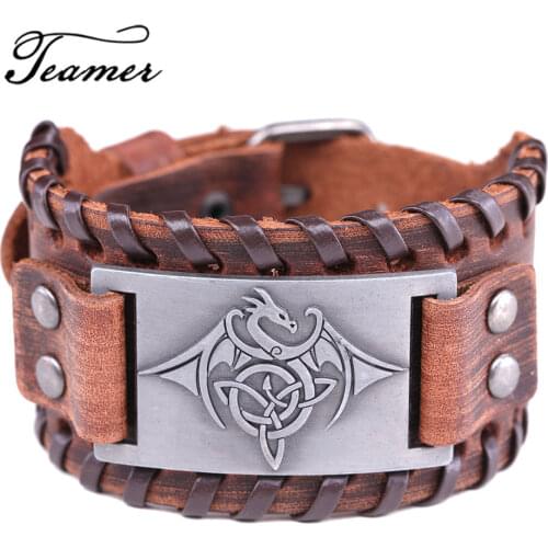 Teamer Vintage Wicca Symbol Triqueta Dragon Charm Bracelets for Men Black Brown Braid Leather Bracelets Cool Adjustable Jewelry