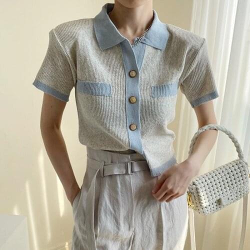Summer Autumn Short Sleeve Contrast Color Polo Collar Knitted Cardigans Single Breasted Slim Casual Knitting Crop Top Knitwear