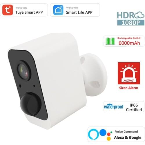 1080P Security Camera Outdoor IP65 WiFi Rechargeable Battery Powered WiFi Camera Tuya Smart Life APP Two-Way Audio Night Vision