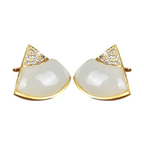 S925 sterling silver gold plated Natural Hetian jade Ear studs Personality Simple Geometry Fan Temperament Ladies Earrings