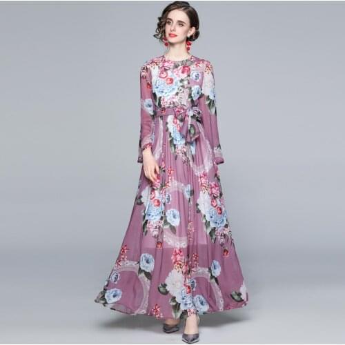 Women Summer Floral Boho Dress 2021 Casual Long Sleeve Vacation Style Chiffon Print Large Swing Dress with Silk Scarf and Lining