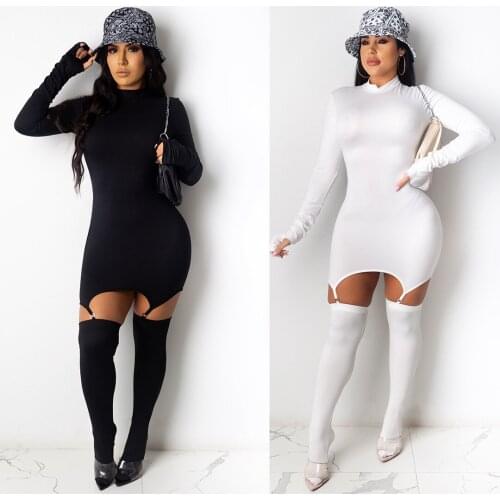 FNOCE autumn womens dresses fashion sexy nighclub solid long sleeve o-neck tight bag hip elegant mini dress (Contains socks)