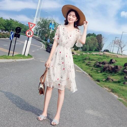 Floral Chiffon Dress Womens 2021 New Summer Korean Mid-length Long Waist Waist Slim Flare Sleeve Skirt Womens Dress